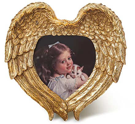 SWTHONY Vintage Picture Frames, 4x4 Antique Angel Wings Heart Shaped Memorial Photo Frame with High Definition Glass Front, Bronze Gold Baroque Style