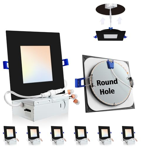Adetu 6 Pack 6 inch Square Led Recessed Lighting Black,5CCT Ultra Thin Square Led Ceiling Light with Junction Box, 2700K/3000K/3500K/4000K/5000K Selectable,Dimmable,ETL and Energy Star Certified