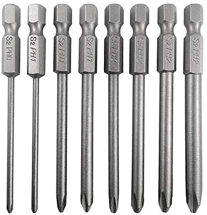 Mesee Lot de 8 Embouts de Tournevis Cruciformes Magnétiques à Tige Hexagonale de 6,35 mm, Ensemble d'Embouts de Tournevis à Tête Phillips Embout Vissage Croix PH0 PH1 PH2 en Acier S2-75mm