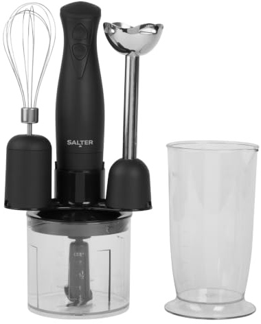Salter Kuro EK2827BMBLK Ensemble mélangeur 3 en 1 – Fonctions fouet, mélange et hachage, lames en acier inoxydable, machine à soupe à 2 vitesses, robot culinaire sans BPA avec bol à découper de 500 ml