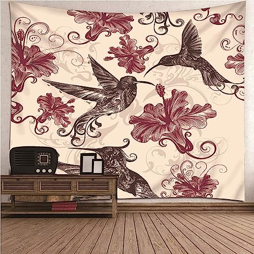 Tapiz bohemio natural, colgante de pared otoño lila negro poliéster golondrinas y flores Tapiz decorativo pared salón 260 x 240 cm