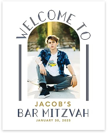 Andaz Press Large Personalized Bar/Bat Mitzvah Welcome Sign, 16 x 20 Pre-Mounted Canvas, Art Deco Custom Photo Sign for Boys or Girls, Jewish Birthday Party Decorations, 1-Pack