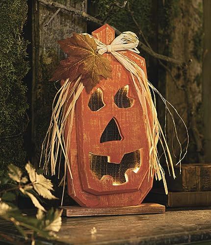 Dekoleidenschaft LED Kürbis Jack aus Holz, orange, 33 cm hoch, Halloweendeko, Dekofigur, Leuchtkürbis, Leuchtdeko, Herbst-Dekoration