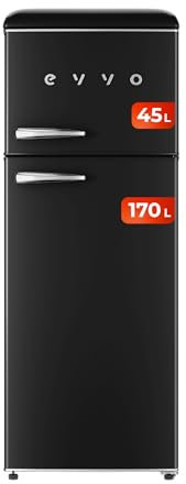 EVVO Frigorífico 2 Puertas, Estilo Retro, Refrigerador 170 Litros, Congelador 45 Litros, Diseño Vintage, Cajón Crisper Zone, Libre de Gas CFC, Silencioso. F45 Negro