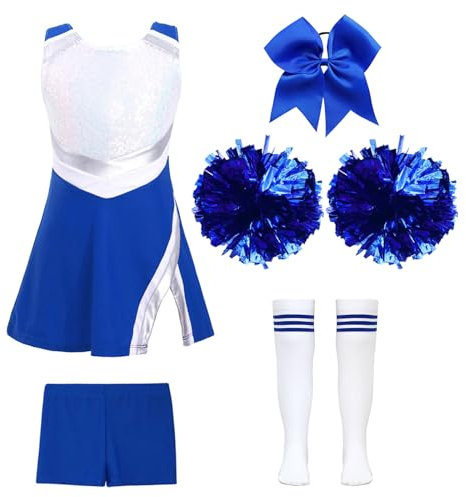 Jowowha Mädchen Cheer Leader Cheerleading Kostüm 5tlg.Glitzer Tanzkleid mit Zubehör Schulmädchen Uniform Halloween Karneval Fasching Party Outfits Royal Blau 158-164