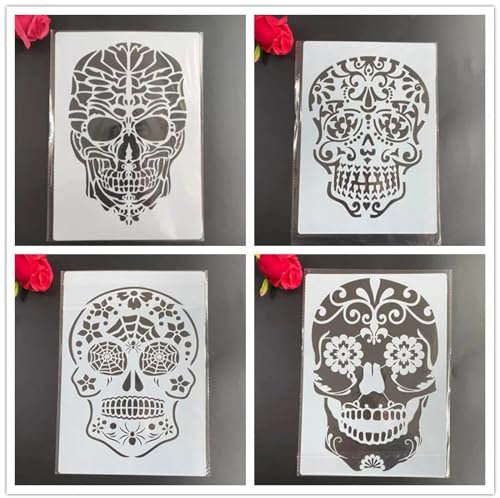 Totenkopf-Schablone, 4 Stück, A4, 29 x 21 cm, Mandala-Totenkopf-Schablonen, Malerei, Prägung, Scrapbook, Album, dekorativ