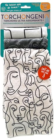 MYBO TV - TORCHONGENIO - Les torchons au Pouvoir Super Absorbant Qui ne laissent Pas de Trace - Lot de 3 torchons Motif Visage -Spécial Vaisselle