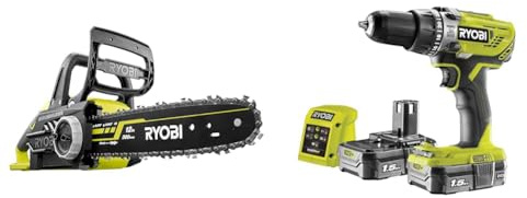 Ryobi OCS1830 18 V 30 cm Bar ONE+ Cordless Brushless Chain Saw & R18PD3-215GZ 18 V ONE+ Cordless Combi Drill Starter Kit (2 x 1.5 Ah), Hyper Green