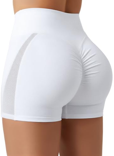 STARBILD Malla Shorts Deportivo Push Up Mujer, Leggings Corto Cintura Alta Scrunch Butt, Hot Pants pour Gym Fitness Yoga, Malla - Blanco S