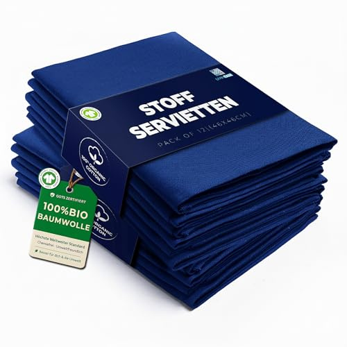 LivinEase Bomullstyg servetter set med 12 – 46 x 46 cm återanvändbara överdimensionerade middagsservetter – tung vikt hotellkvalitet GOTS-certifierad ekologisk bomullstyg – perfekt för hemmabruk och