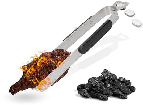 Pinza per barbecue lunga 35 cm in acciaio inox – Pinza per barbecue con levacapsule – regalo per il compleanno – pinza da cucina con manico ergonomico – accessorio per barbecue 2 in 1, colore: grigio