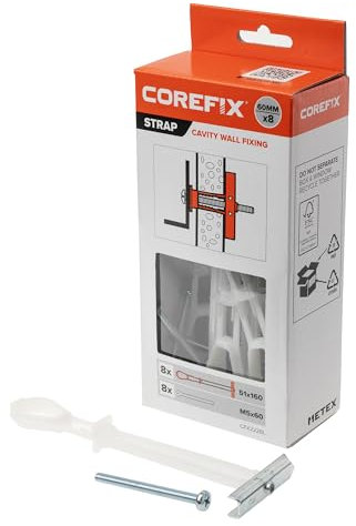 Corefix Strap Cavity Wall Fixing 8 Pack (M5x60mm), Heavy Duty Metal Universal Toggle for Plasterboard, Hollow Brick or Block. Secure Hold, Easy to Install & Adjustable Up to 35mm Deep.