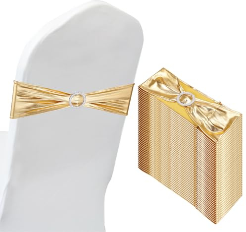 PATIKIL Lazos elásticos para sillas de 14 x 5 pulgadas, paquete de 50 bandas elásticas para sillas con hebilla deslizante para decoración de banquetes de boda, color dorado