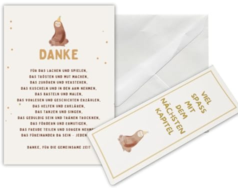 Briefzauber Abschiedsgeschenk Erzieherin/Erzieher | Set aus Din A6 Karte, passendem Lesezeichen & Briefumschlag | Geschenk Abschied Kindergarten, Kita, Tagesmutter (Kindergarten - Faultier)