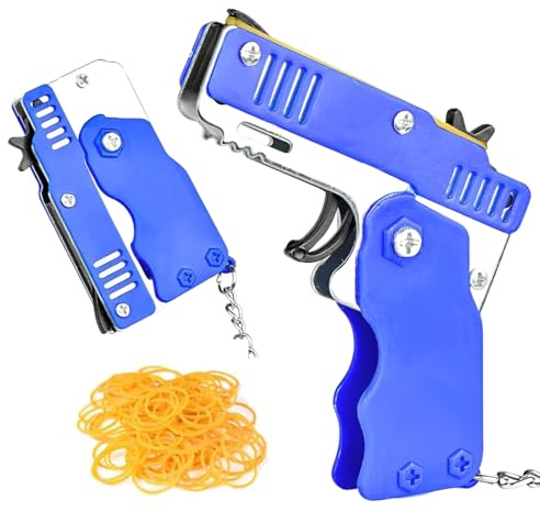 XPEX Blau Mini-Gummibandpistole Aus Metall Klappbar Mit Schlüsselanhänger Und 60+ Gummibändern Für Outdoor-Aktivitäten Für Kinder