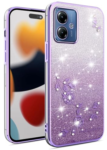 ILING Mujer Funda para Motorola Moto G14, Carcasa Degradado de Color Brillante con Patrón de Rosa Elegante, Ultradelgado Suave Silicona TPU Bumper Antigolpes Cubierta (Púrpura)