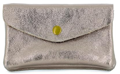 Double Tree | Porte-Monnaie Cartes Femme Mi-Long Compact Cuir Taupe | Format enveloppe élégant | Style italien raffiné | Finition brillante effet nacré et métallisée | Mode tendance