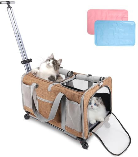 Trasportino per gatti a doppio scomparto con ruote per 2 gatti, trasportino pieghevole con ruote per 2 gatti e cani di piccola taglia, completamente traspirante, perfetto per