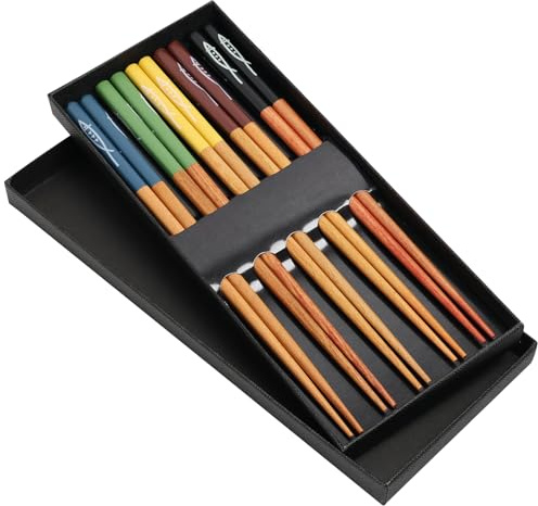 5 Paare Bunte Holz Essstäbchen – Wiederverwendbar, Spülmaschinenfest, Umweltfreundlich – Ideal für Sushi & Asiatische Gerichte – Inklusive Eleganter Aufbewahrungsbox