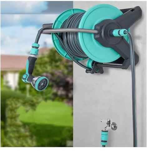 Gartenschlauchrolle, tragbarer Gartenschlauchwagen, Schlauchrolle mit Wasserrohr, Wasserrohr-Aufbewahrungsregal (blau, 30 m)