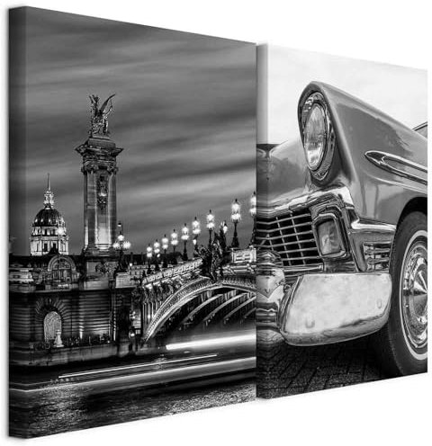 B&D XXL - Akustikbild Bilder Set Klassisches Auto 40x30cm 2 Teilig je 20x30cm Collage 2er Mehrteiligen Gemälden Kunstdrucke Wandbild Schallabsorber Akustikplatten - Retro Architektur d-C-10029-b-a