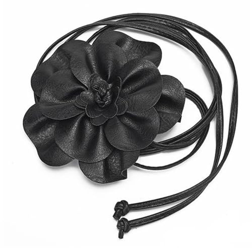 Inzegao Cintura da donna in stile bohémien, in pelle, con fiore, in corda, cintura sottile, per abito e cardigan, nero, taglia unica