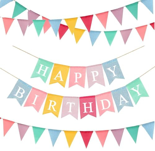 Birthday Bunting, JiHiGe Happy Birthday Banner & 3 Pack Bunting, 39ft Fabric Bunting Garden Flags for Outdoor Indoor Hanging Decoration, Home, Garden