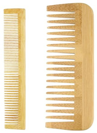 2 Pezzi Pettine Naturale a Denti Larghi, Doppia larghezza, Pettine per Styling e Taglio, Adatto a Uomini e Donne, Pettine Antistatico, Pettine di Bambù Naturale