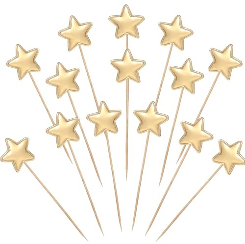 50 Pcs Gold Stars Cake Decorations, Star Cake Toppers Gold Star Cupcake Toppers Birthday Cakes Topper Sticks for Birthday Parties Weddings Engagements Anniversaries Party