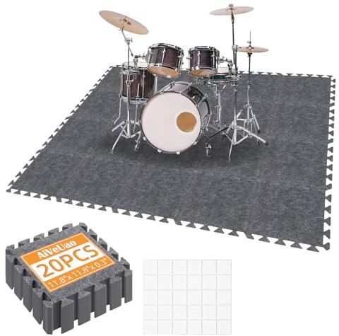 AiVeUao 20Pcs Sound Absorbing Interlocking Floor Mats, 11 x 11 x 0.3 Inch High Density Piano Carpet Drum Rug, Non-Slip Anti Vibration Soundproof Pads, Grey