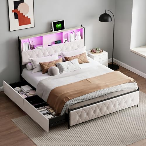 BRILVERDE Polsterbett 140x200 mit Stauraum, Doppelbett mit LED und USB, Jugendbett mit 4 Schubladen, Bettgestell mit Kopfteil und Lattenrost, Samt (Beige, 140 x 200 cm)