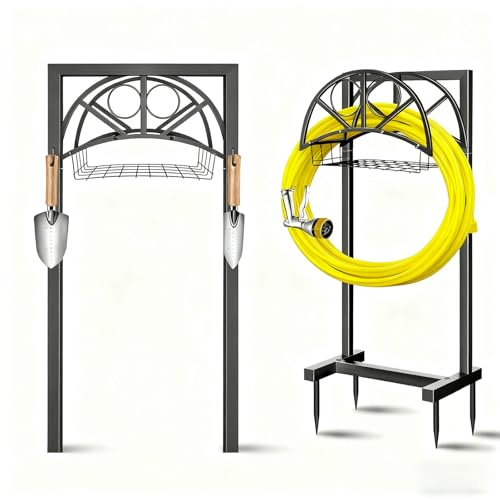 Gartenschlauchhalter, robuster, freistehender Ständer, abnehmbarer Aufbewahrungskorb mit 4 Spikes-Haken, Metall-Schlauchständer, unterstützt 45 m Schlauch für Hof, Rasen, Bauernhof und Außenbereich