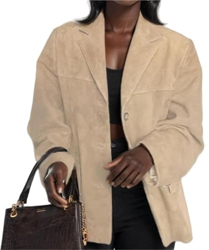 Veste en Daim Grande Taille for Femme Manteau décontracté en Similicuir boutonné Blazer Tendance d'automne(Beige,XXL)