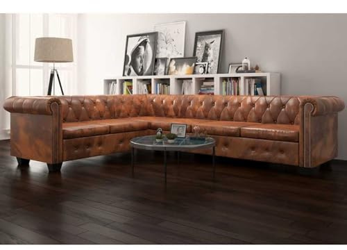 YuuSsea Chesterfield Ecksofa 6-Sitzer, Kunstleder Braun, Langlebiges Holzgestell, 260x205x73 cm, Pflegeleichtes Couch für Wohnzimmer, Büro, Bequemes Sitzerlebnis