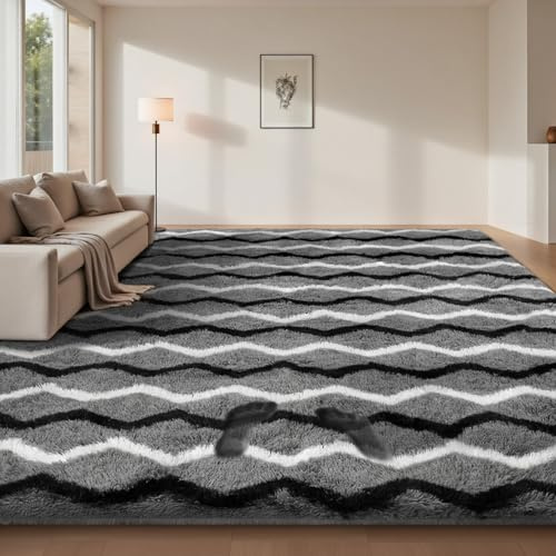 Sour Lemon Tapis De Salon Poils Longs Grand Tapis de Sol Doux et Moelleux pour Chambre Design Moderne Dessous Antidérapant Lavable, Tapis Rayé Gris Foncé et Noir/Blanc, 160x230 cm