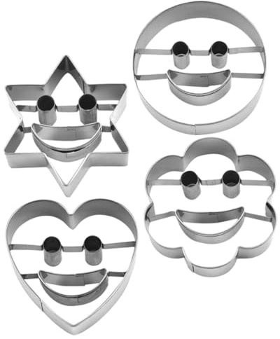 Tagliabiscotti in Acciaio Inox 4 Pezzi, Forme Sorridenti | Fiore, Cuore, Tondo e Esagono, Colore Argento, per Fondant e Lavoretti DIY
