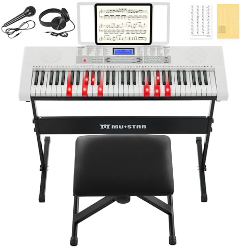61 Key Electronic Keyboard Piano with Lighted up Keys,LCD,Headphones,X-Stand,Stool,Music Rest,Microphone,Note Stickers,Built-In Speakers,3 Teaching Modes,Ideal for Beginner Adult (White)