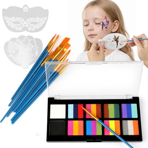 Kinderschminke Set – 10 Farben Schminkpalette mit 10 Pinseln, 6 Vorlagen – Gesichtsfarben für Kinder, Halloween, Karneval, Theatershows & Bodypainting für Mädchen