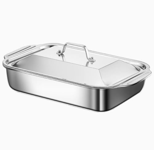 Teglia Forno in Acciaio Inossidabile, Teglia Pesce Rettangolare Profonda con Coperchio, Pirofila Multiuso per Arrosti, Pesce e Barbecue