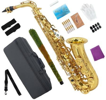 Conboxus E-Flat Altsaxophon, Goldlack mit Messingkörper – inklusive Koffer, Mundstück, Blätter, Umhängeband und mehr – ideal für Anfänger & Anfänger (Gold)