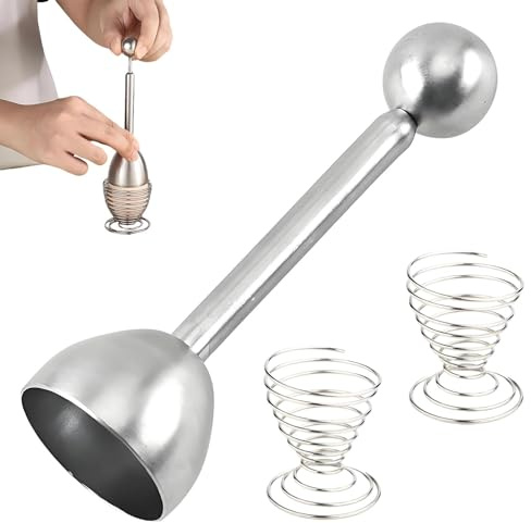 Eierköpfer Edelstahl Premium Set, Edelstahl Eieröffner mit Kugel, Eierschalen Sollbruchstellen Verursacher, Rohe und gekochte Eier gelten,Bequemer Einsatz des Eiöffners mit zwei Eibechern.