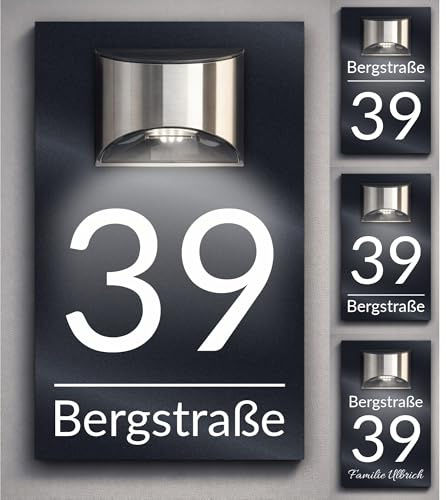 Premium Hausnummer | mit LED Solar beleuchtet | individuell anpassbar | Acrylglas Anthrazit Matt | Wetterfest H1023 Anthrazit
