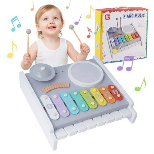 Multifunktionales Kinder Musikspielzeug Klavier Set, 5-in-1 Musikinstrumente für Kleinkinder mit Xylophon, Trommel & Becken, Früherziehung Lernspielzeug Geschenk für Jungen & Mädchen 1-3 Jahr