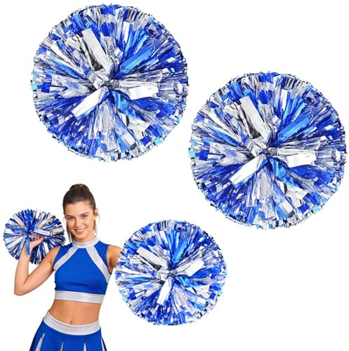 2 Piece Blue Mixed Silver Pom Poms Cheerleading, Four Finger Grip Design | Cheerleading Pom Poms, Durable and Reusable, for Stage Performances, Cheerleading, and Dance