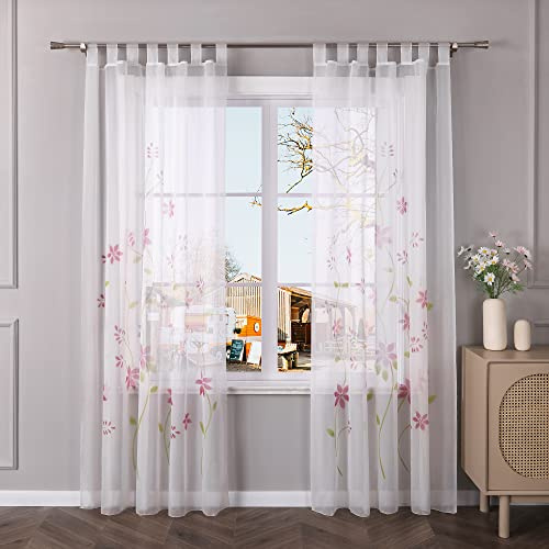 Yujiao Mao Voile Gardine mit Blumendruck Flowers farbenfrohe Vorhänge Schal mit Schlaufen 1er Pack Pink BxH 150x225cm