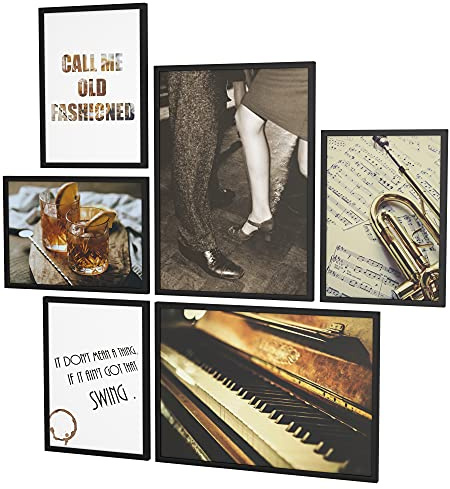 Papierschmiede® Mood Poster Set Jazz, Bilder Wohnzimmer Deko Schlafzimmer, 2x 30x40cm und 4x 21x30cm, Musik Klavier Trompete Braun Vintage - ohne Rahmen