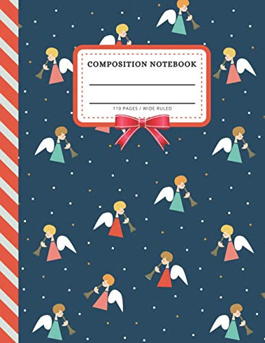 Composition Notebook: Angels Trumpet Christmas Pattern on Navy Blue / Wide Ruled Notebook Paper for Kids Ages 4 -8 Tween Teen / Large Writing Journal ... Stocking Stuffer Gift for Boys Girls Children