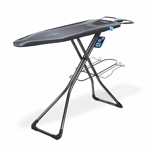 Minky Homecare Ergo Plus Prozone Ironing Board Made in UK Freestanding Full Size Iron Table with Heat Reflective Cover, Thick Felt Underlay and Large 48 x 15 Ironing Surface (Gunmetal and Blue)
