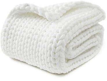 YnM Chunky Throw Blanket, Medium-Weight, Hand Knitted, Skin Friendly, Ventilated and Breathable, Machine Washable, Home Décor Piece for Couch, Sofa and Bed (White, 40x50 Inch)