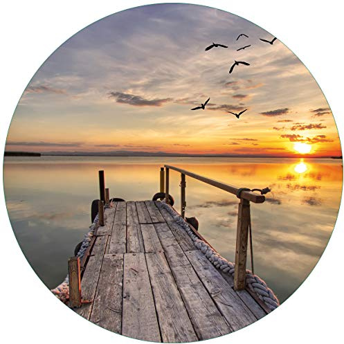 Wallario Glasbild rund Sonnenuntergang über dem See idyllischer Steg - Rund, 50 cm Durchmesser Wandbild Glas in Premium-Qualität: Brillante Farben, freischwebende Optik